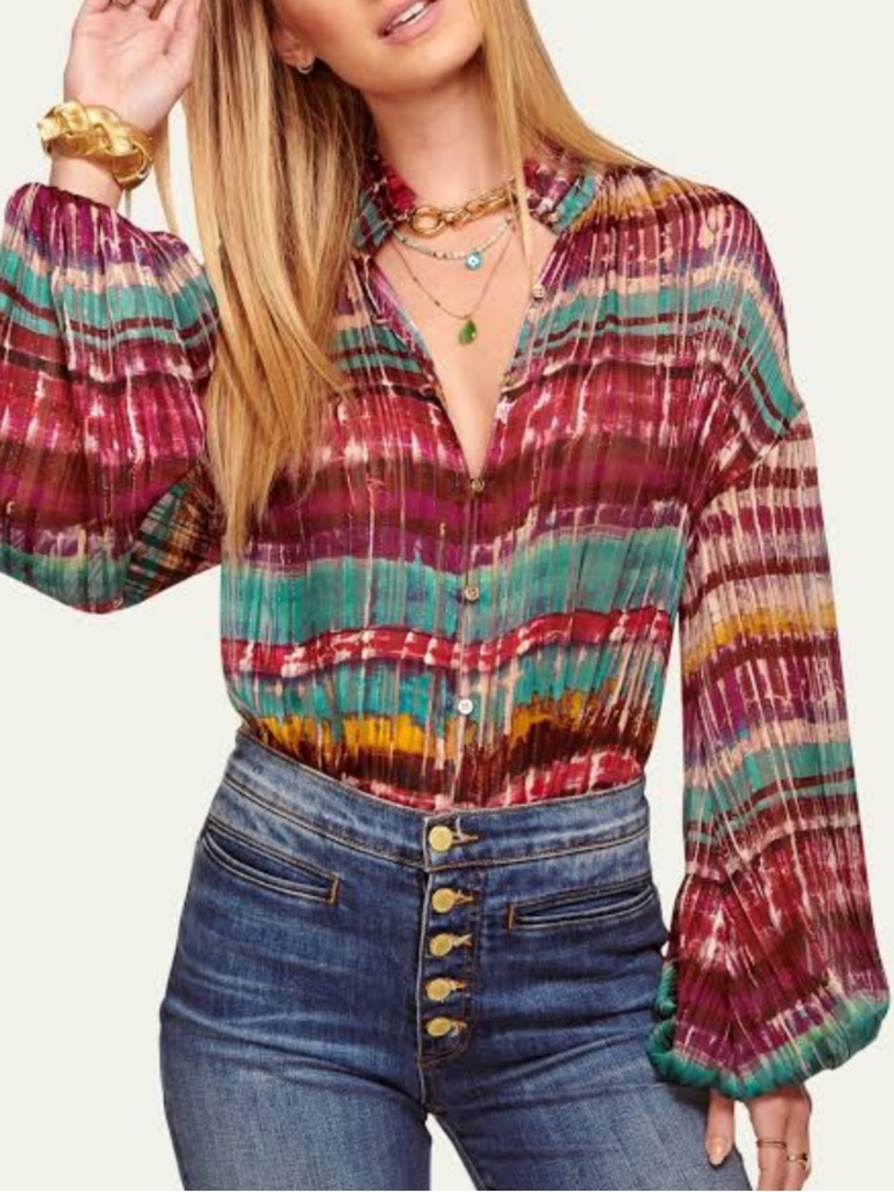 Ramy Brook Vance colorful metallic stripe balloon sleeve flowy blouse sz s